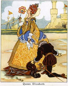 Sir Walter Raleigh lægger sin kappe for dronning Elizabeth I for at gå over en vandpyt, 1936